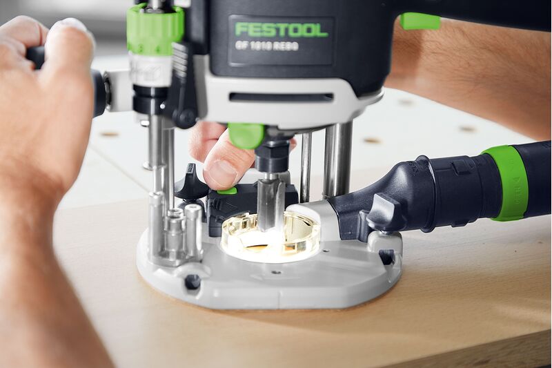 Festool OF 1010R Plunge Router with Light in Systainer, illuminated work area showing LED light ring