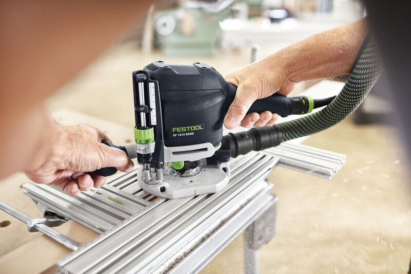 Festool OF 1010R Plunge Router with Light in Systainer, showing LED light ring and adjustable side fence