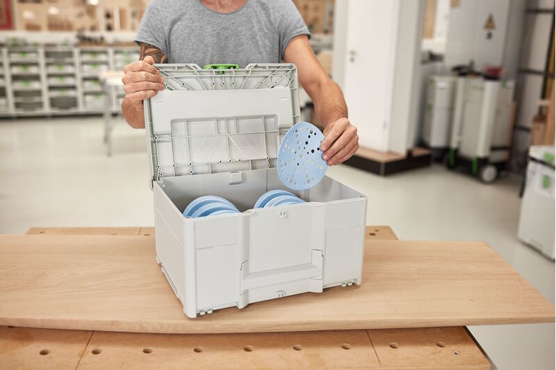 Festool Granat 150mm 48 Hole Abrasive Disc Systainer Set, neatly organized sanding discs in varied grit sizes