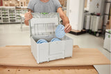 Festool Granat 150mm 48 Hole Abrasive Disc Systainer Set, neatly organized sanding discs in varied grit sizes