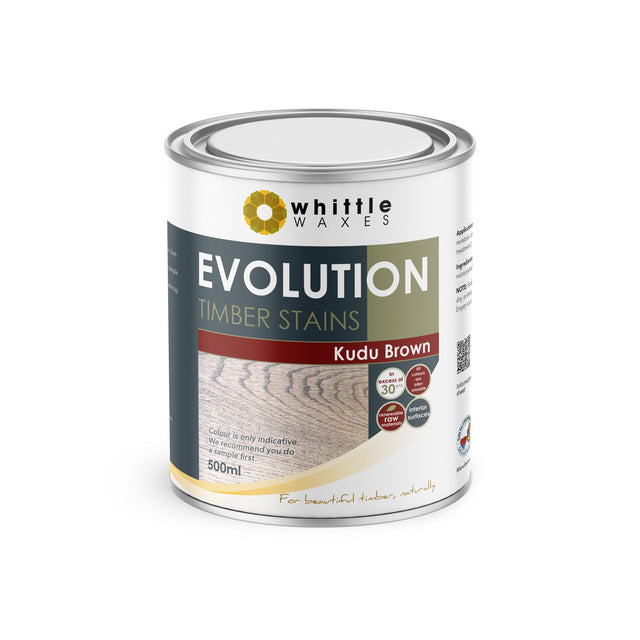 Whittle Waxes Evolution Colour Stain in Kudu Brown on wood surface, showcasing rich, deep brown hue