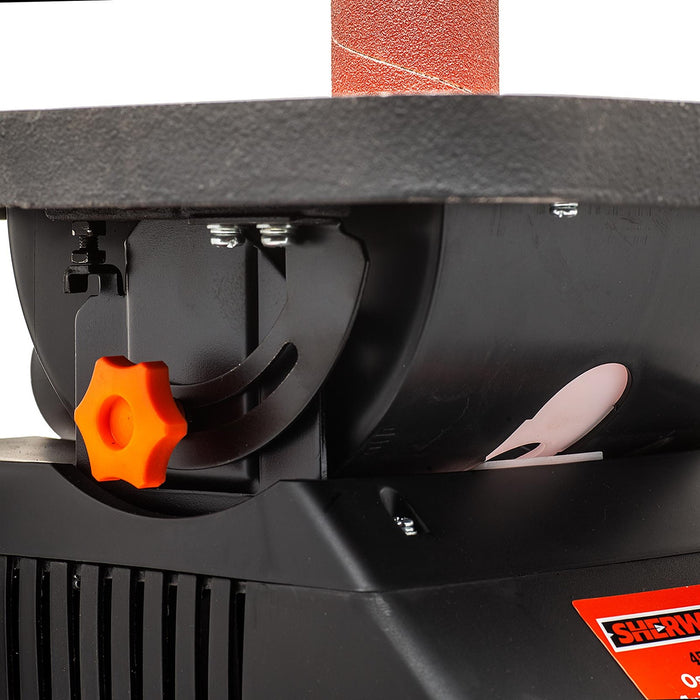 Sherwood Oscillating Spindle Sander 450W in action on curved wood piece