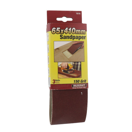 Three heavy-duty sanding belts, 65mm x 410mm, for plastic, metal, wood, painted surfaces, and fibreglass. Resin bonding for durability