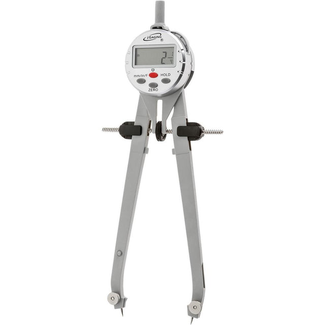 iGaging Digital Compass LCD Display Multi Scale 200mm Radius tool showing precise measurements in Millimetres, Inches, and Imperial Fractions