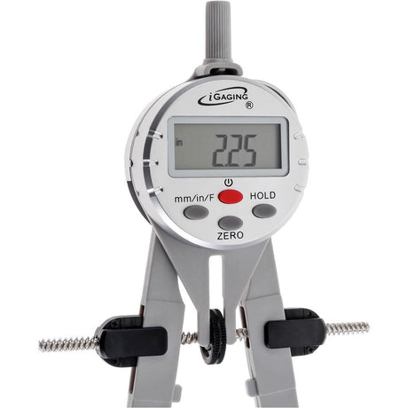 Digital compass tool with LCD display showing 3-Way readings in millimetres, inches, and fractions