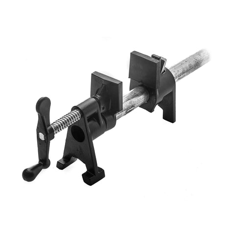 Torquata Set of 9 Long Pipe Clamps displayed on Wall Mounted Steel Rack in workshop setting
