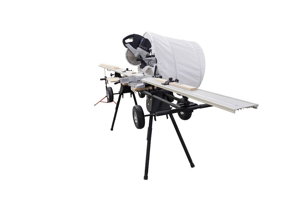 FastCap Saw Hoodie Dust Hood for Mitre saws in use, containing 95% of dust