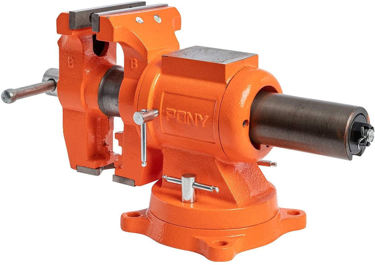 Pony Jorgensen Swivelling Bench Vice showcasing durable castings, bright-plated steel, and 360-degree rotating jaws