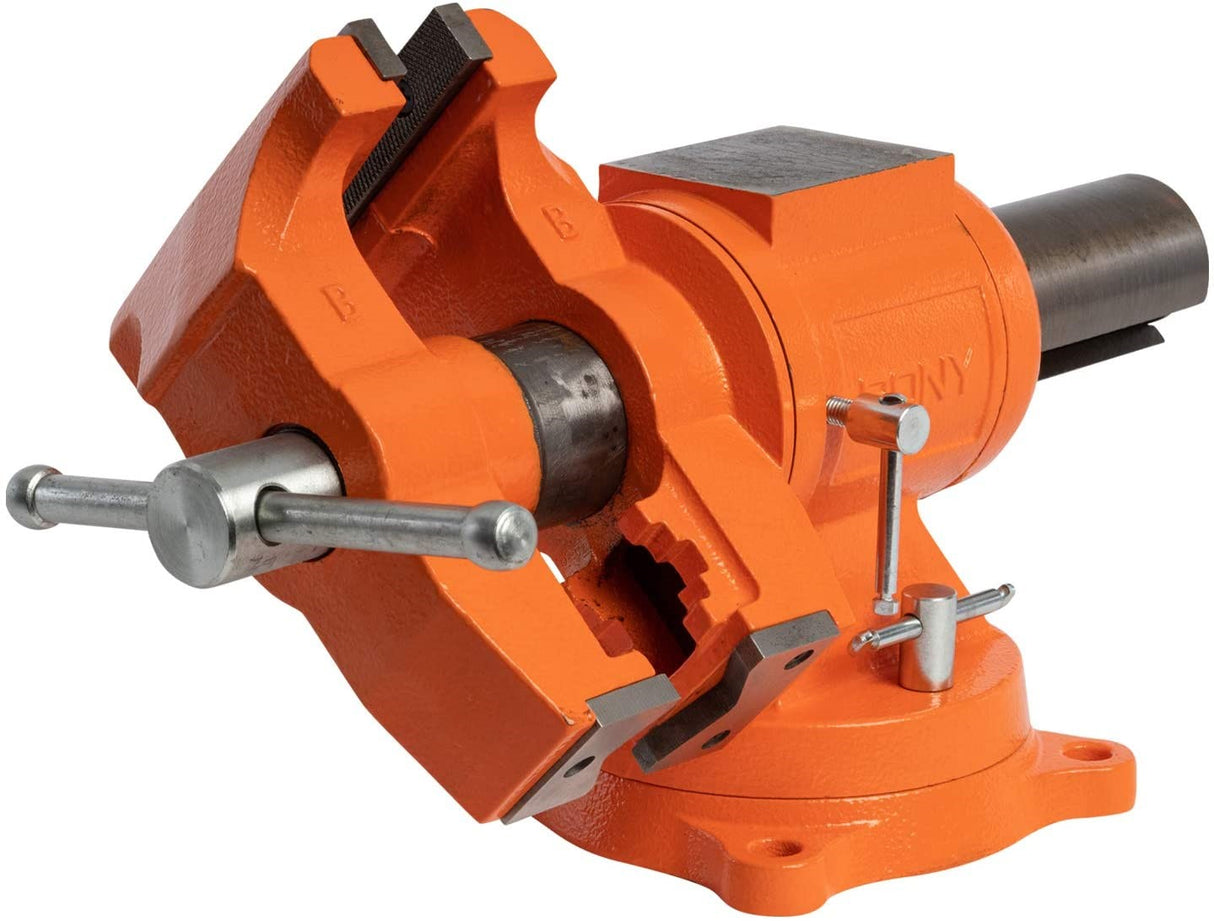 Pony Jorgensen Swivelling Bench Vice with 125mm Width and 86mm Capacity, showing 360-degree rotating and swiveling jaws