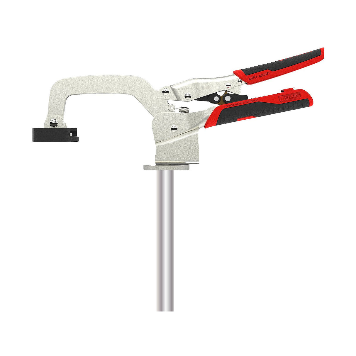 Armor Tool Auto-PRO Hold Down Clamp 76mm in action on workbench, showcasing patented auto-adjusting technology