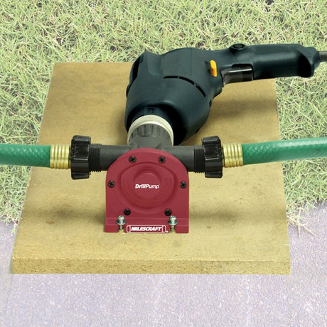 Milescraft DrillPump750 water transfer pump with 3/4" hose connector, 3/8" bit shank, suitable for electrical drills up to 2,800 RPM