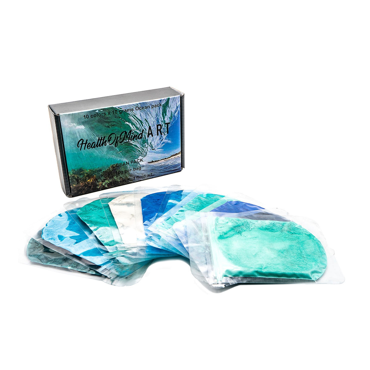 Health of Mind Art Assorted Colour Pack Ocean Pearlescent Pigment Mica Powders for Epoxy Resin - 10 x 10g Bags