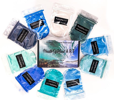 Health of Mind Art Assorted Colour Pack Ocean Pearlescent Pigment Mica Powders for Epoxy Resin - 10 x 10g Bags