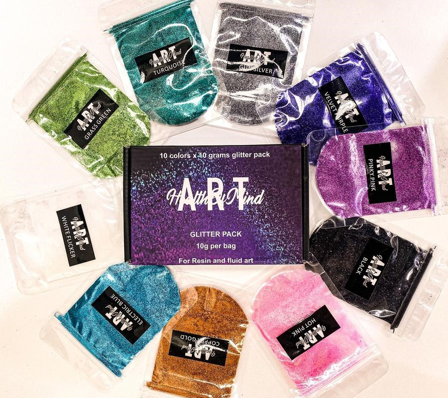 Health of Mind Art Metallic Glitter Powders for Epoxy Resin - Assorted Colours Pack 10 x 10g Bags
