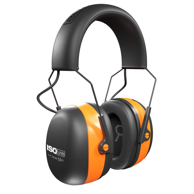 ISOtunes Air Defender Bluetooth Earmuffs in Black/Orange - Front view with Bluetooth connectivity