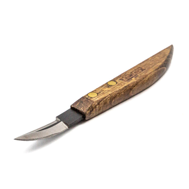 Narex PROFI Bent Carving Knife 45mm Blade for Woodcarving in action, showing precise carving capabilities