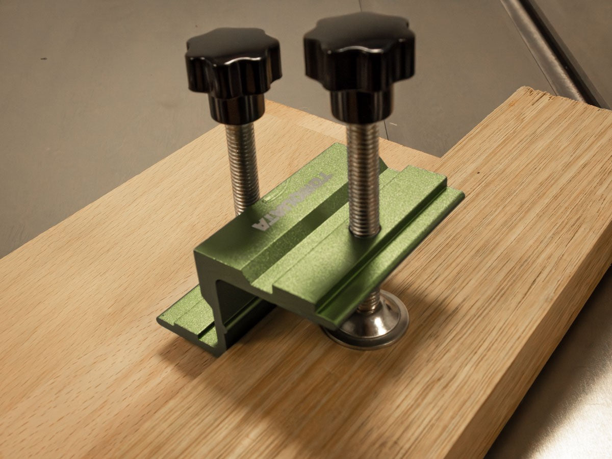 Torquata Table Saw Jointing Clamp Set in use on timber for straight edge rip cuts