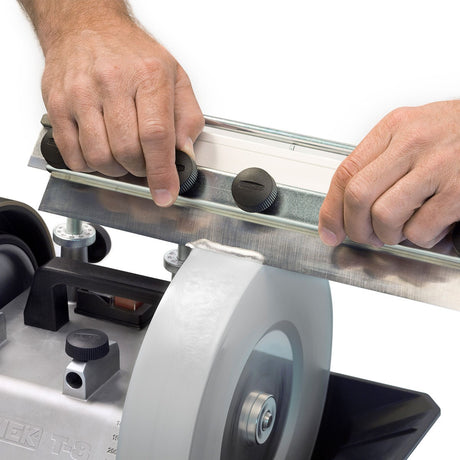 Tormek Wetstone Grinder Planer / Jointer Blade Jig in action, delivering precise sharpening results rapidly