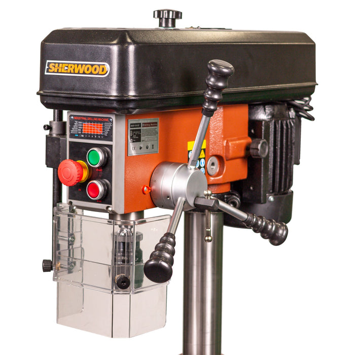 Sherwood Precision Benchtop Drill Press 550W in action drilling a piece of timber