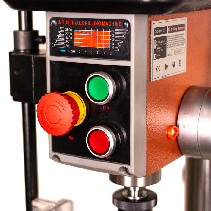 Sherwood Precision Pedestal Drill Press 550W Floor Standing in use drilling into metal plate