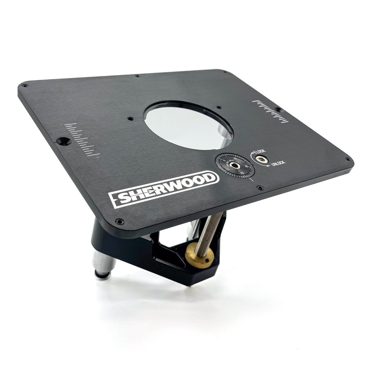 Sherwood Router Lift & Aluminium Mounting Plate for 3.5in Round Body Router Motors