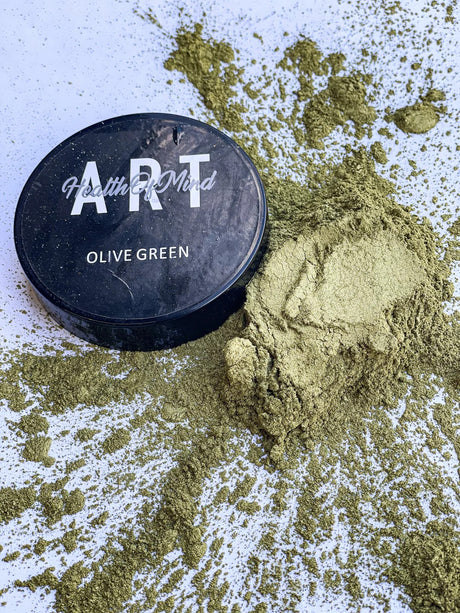 Health of Mind Art Olive Green 50g Pearlescent Pigment Mica Powder in jar for epoxy resin crafting