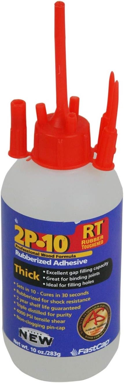 FastCap 2P-10 RT Thick Glue 280ml - Ideal rubberized adhesive for woodworkers, carpenters, and DIYers. Non-clogging pin-cap, sets in 10 seconds