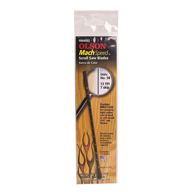 Olson Mach Speed Scroll Saw Blades Pinless 13/7 TPI cutting through hardwood with precision and speed