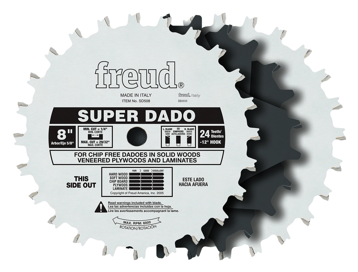 Freud 203mm Super Stacked Dado Set showcasing clean dado cuts in solid timber and composite materials
