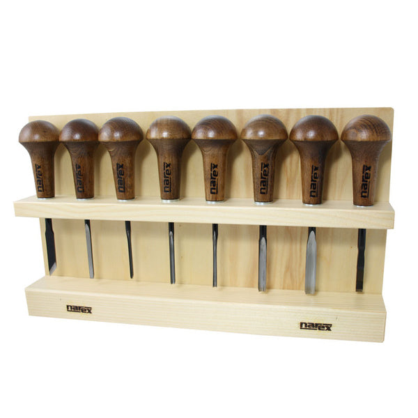 Narex Set of 8 Engraving Palm Chisels showcasing professional carving tools with high-quality blades. Made in Czech Republic