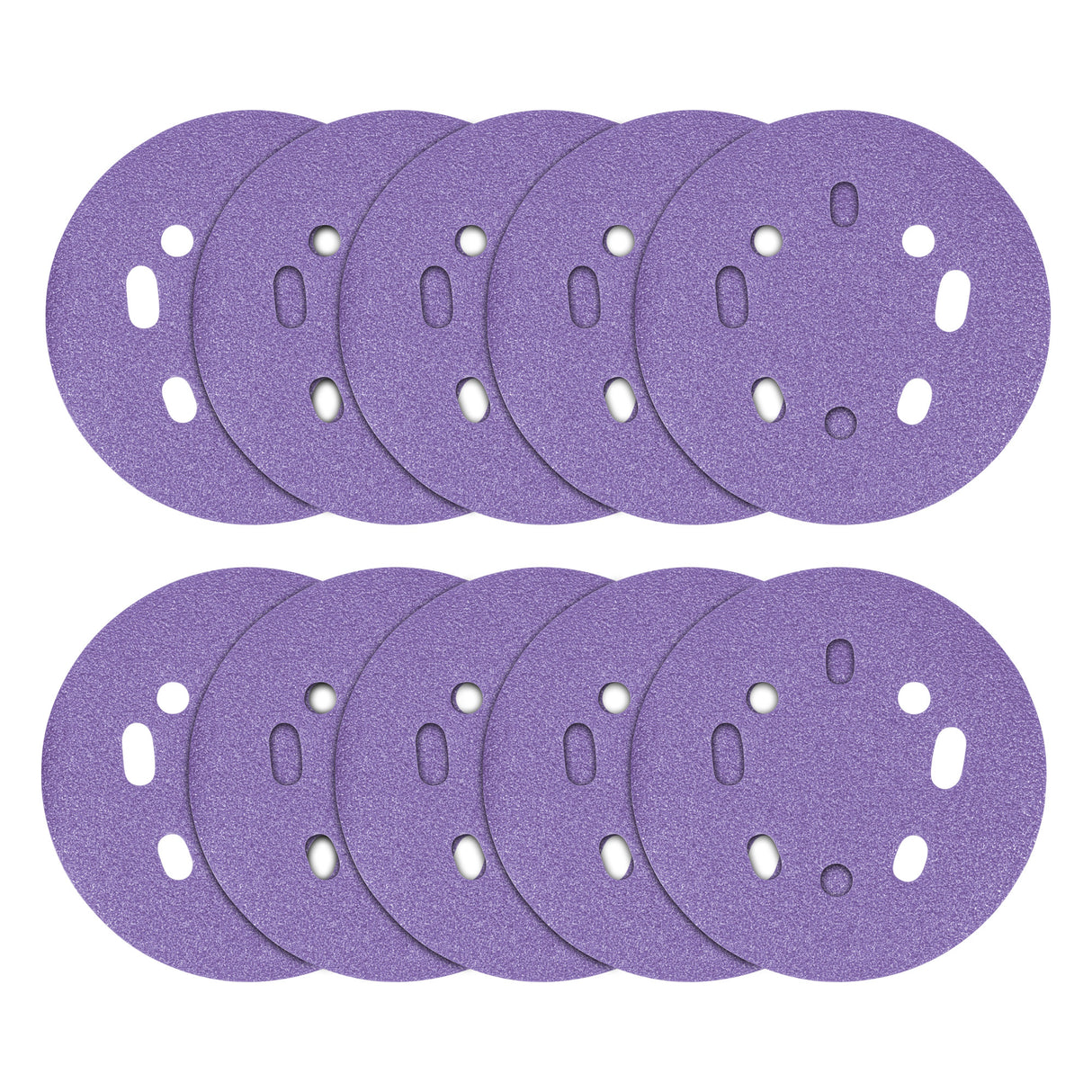 Multiple purple sanding discs with holes on a white background
