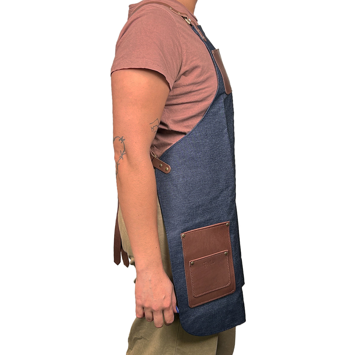 En Mina Carvers Apron 3 Pockets Denim & Tan Leather