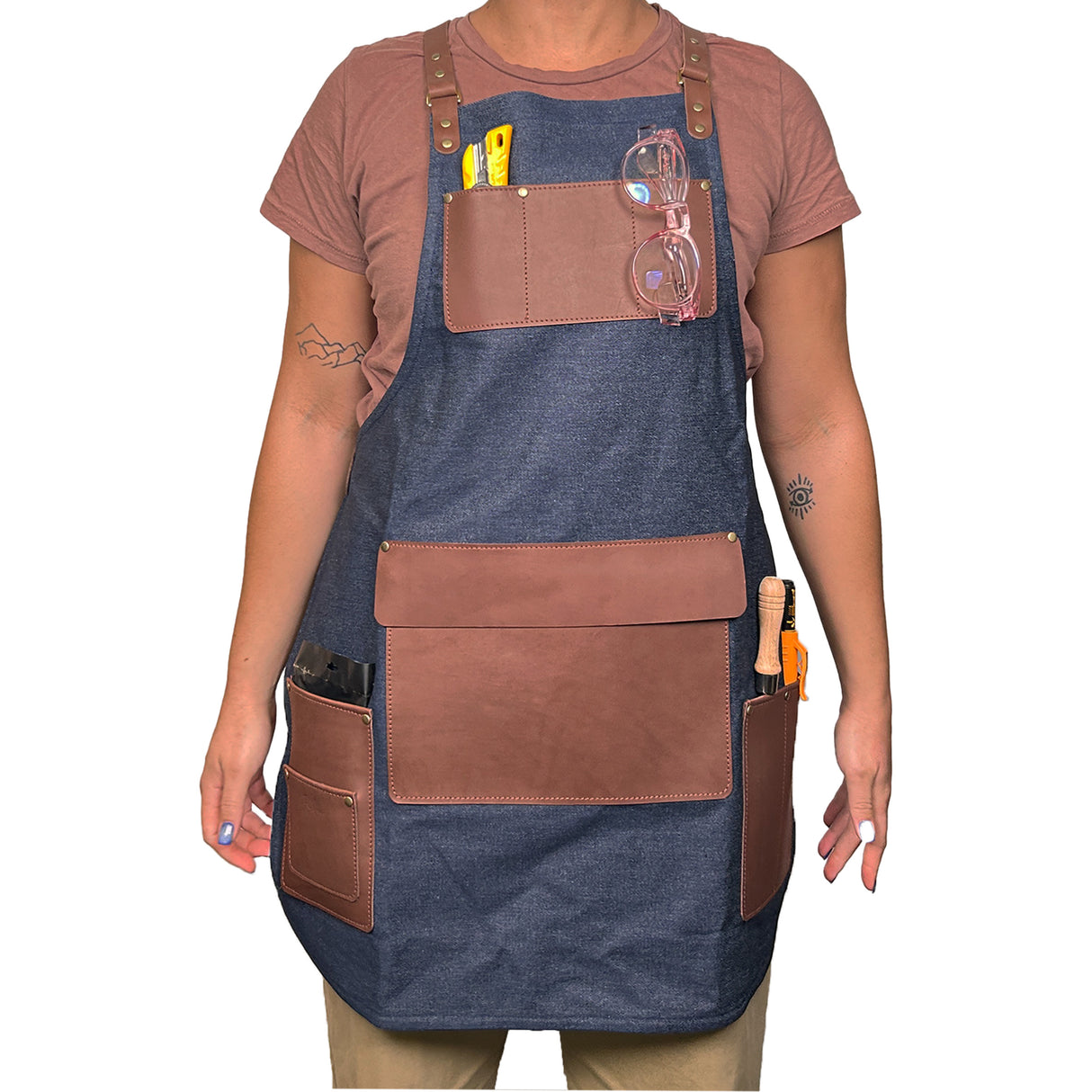 En Mina Deluxe Apron 4 Pockets & Flap Denim & Tan Leather