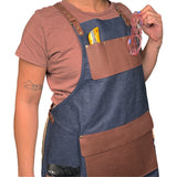 En Mina Deluxe Apron 4 Pockets & Flap Denim & Tan Leather
