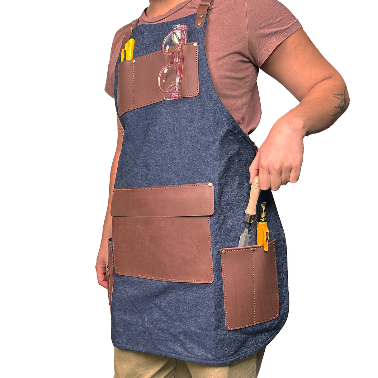 En Mina Deluxe Apron 4 Pockets & Flap Denim & Tan Leather