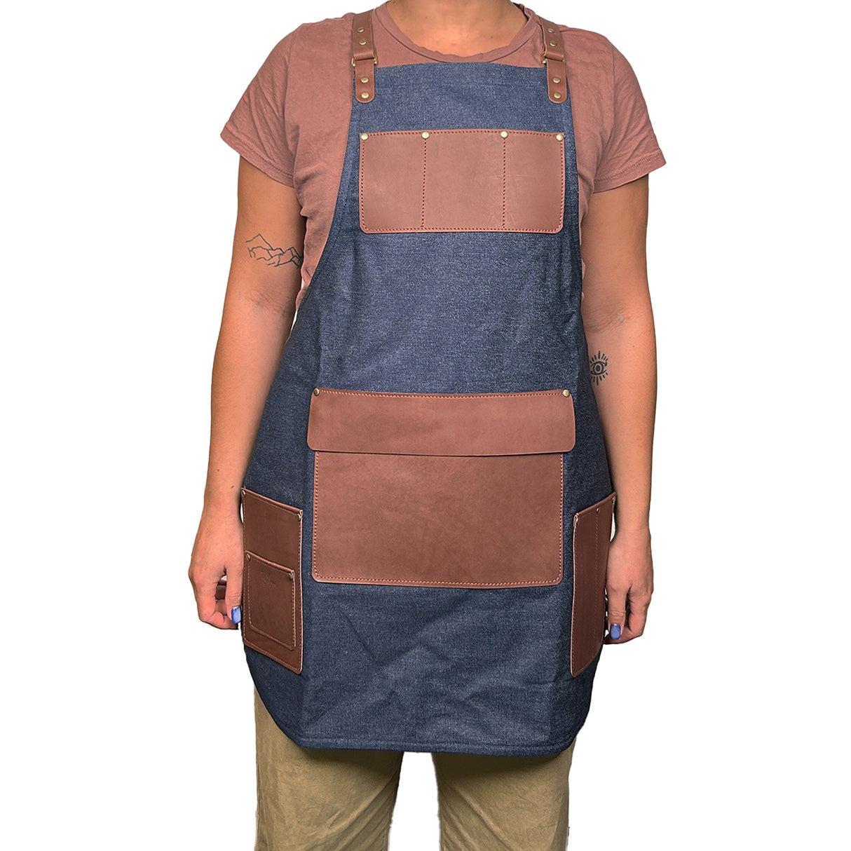 En Mina Deluxe Apron 4 Pockets & Flap Denim & Tan Leather