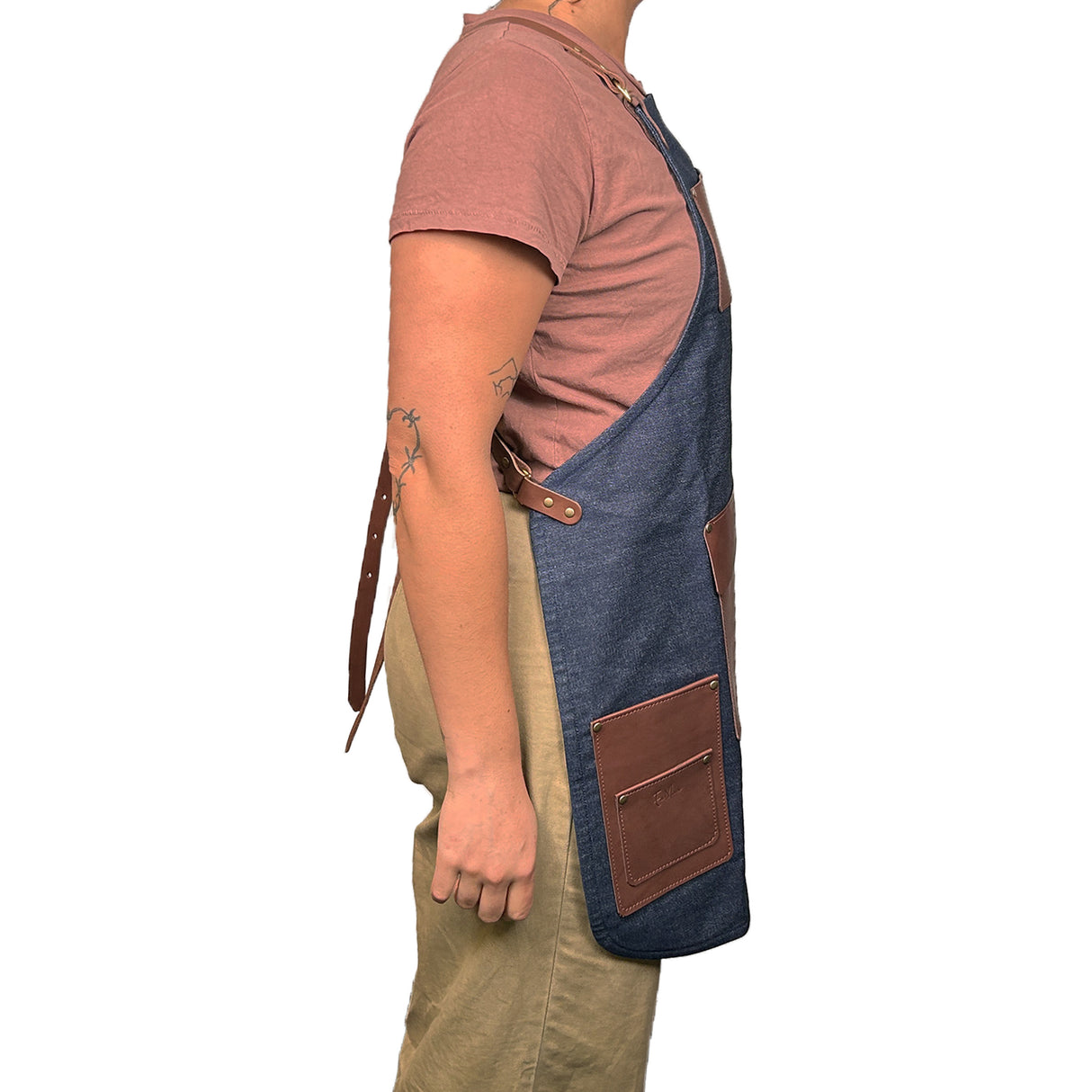 En Mina Deluxe Apron 4 Pockets & Flap Denim & Tan Leather