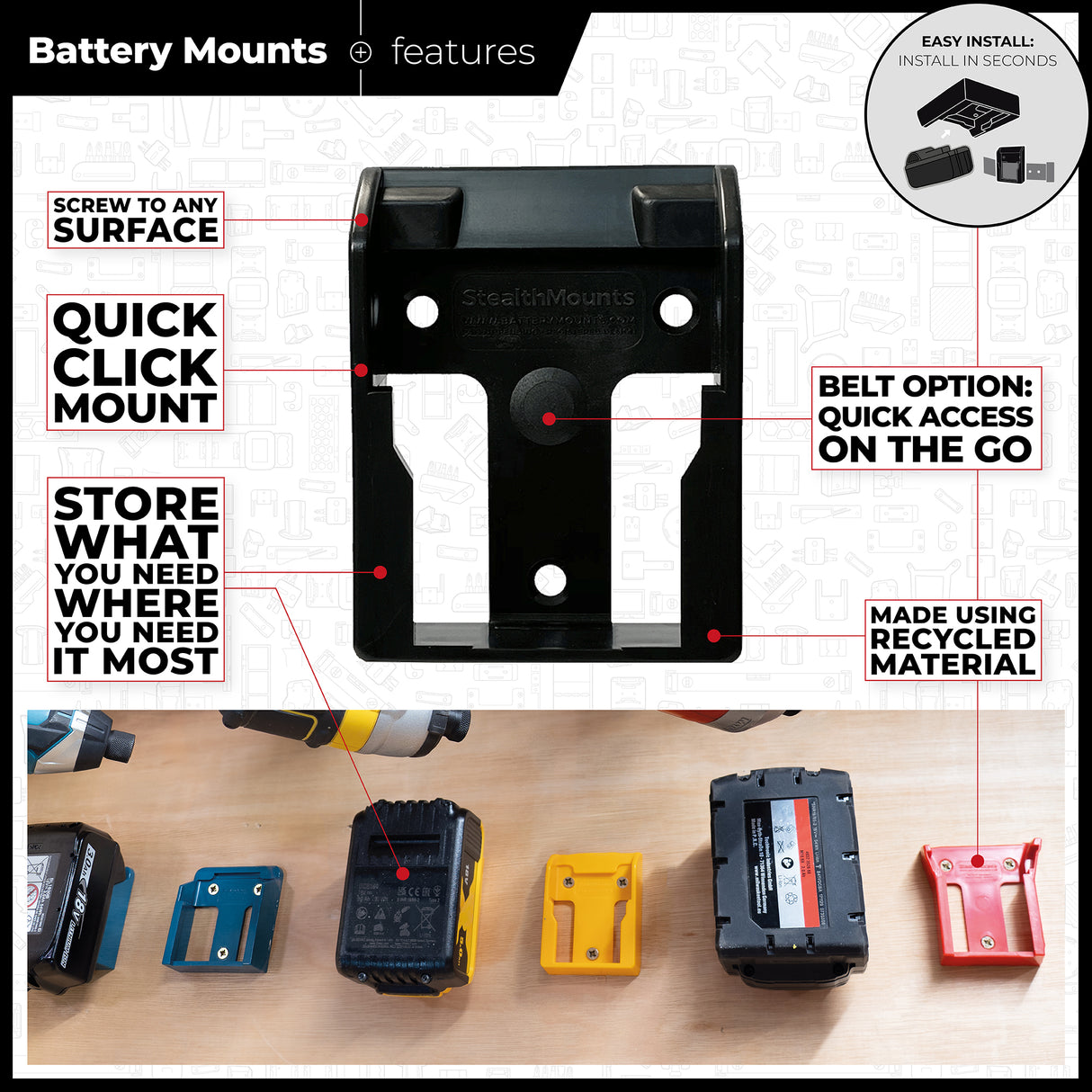 StealthMounts DeWalt 20V Battery Mounts Pack of 6 Yellow