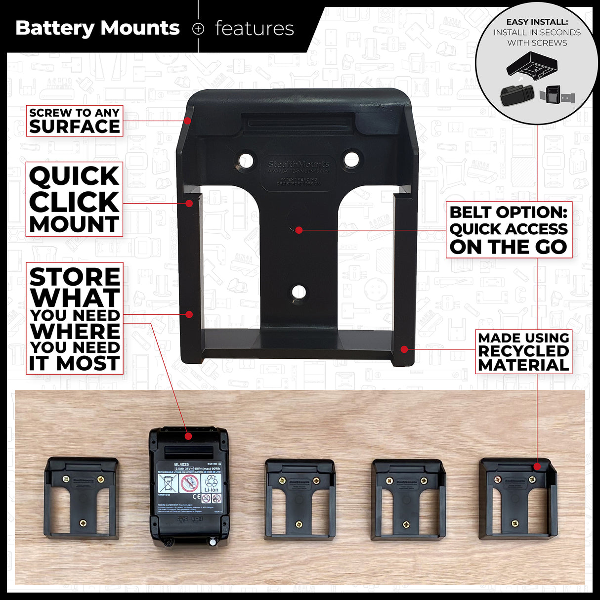 StealthMounts Makita 40V XGT Battery Mounts Pack of 6 Blue