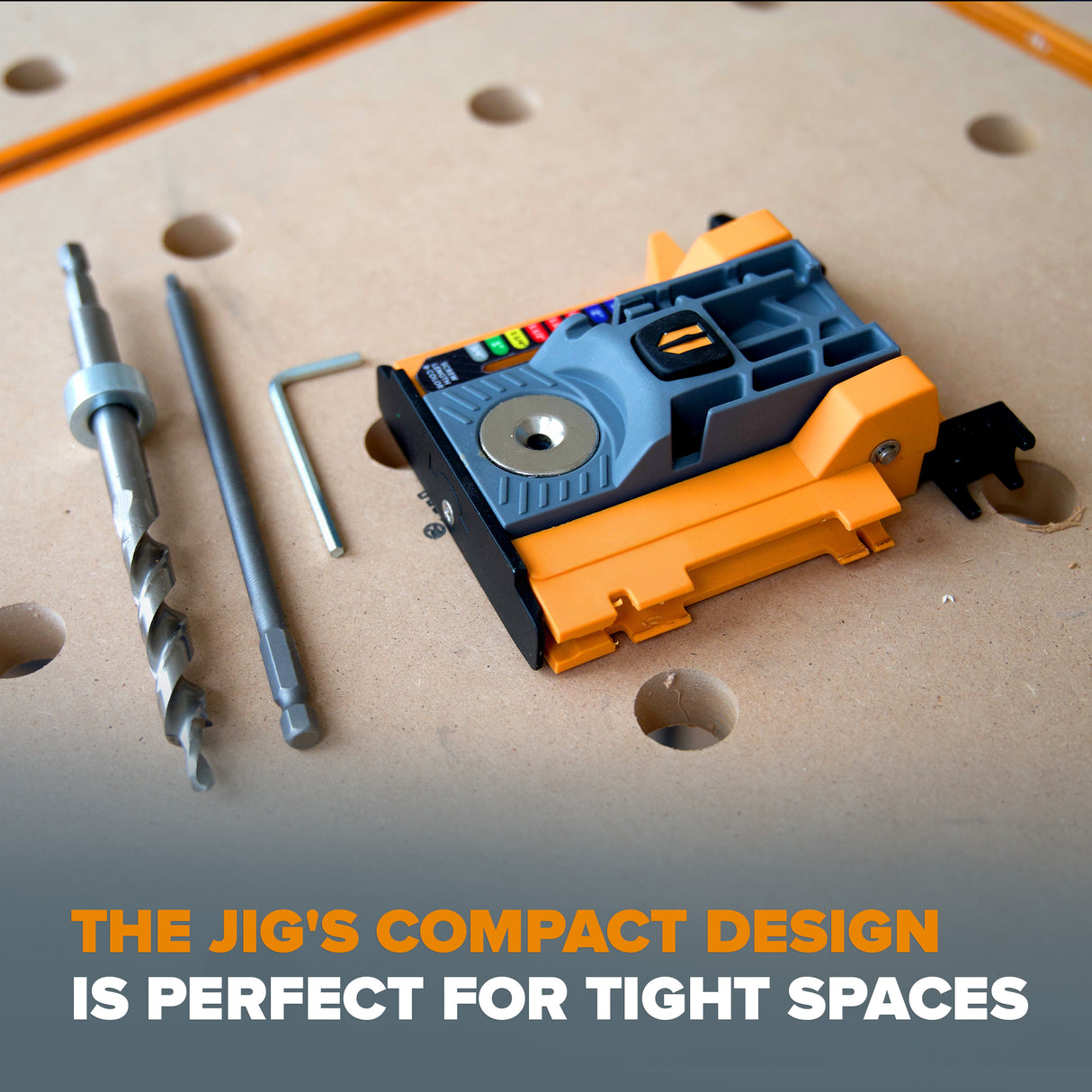 Compact self-adjusting pocket hole jig for wood joinery, ideal for DIYers and experienced woodworkers