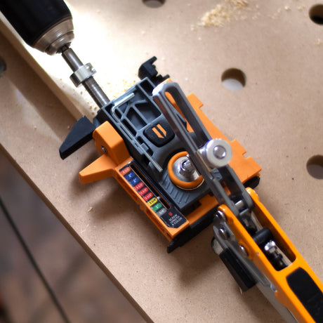 Compact self-adjusting pocket hole jig for wood joinery. Easy to use for DIY and pro woodworkers