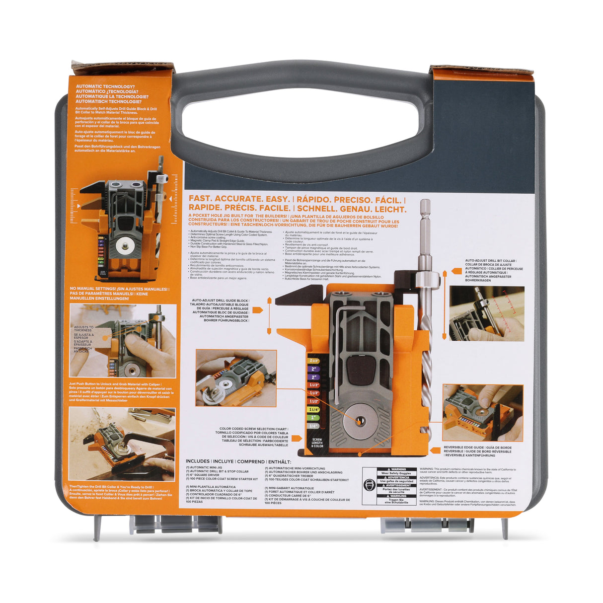 Compact self-adjusting pocket hole jig for wood joinery by BORA Tools, angled view