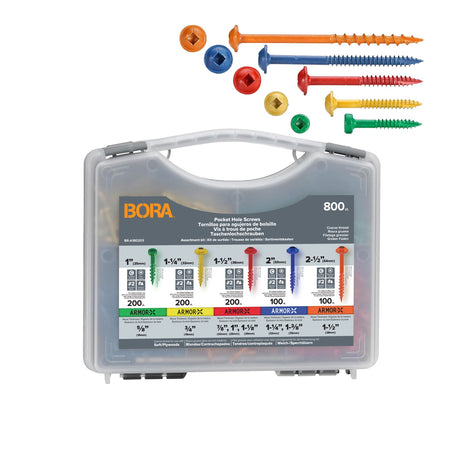 Assorted lengths BORA Tool Coarse Pocket Wood Screws SQD for softwood and plywood pocket holes, colour-coded for easy selection