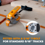 BORA Tool Auto Adjust Inline T-Track Toggle Clamp in use on woodworking project