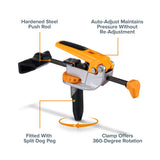 BORA Tool Dog Hole Auto Adjust Clamp 90mm Reach in use on workbench, side clamping for unhindered surface access