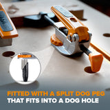 BORA Tool Dog Hole Auto Adjust Inline Toggle Clamp in action on workbench