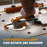 BORA Tool Dog Hole Auto Adjust Inline Toggle Clamp in action on Australian woodworking workbench