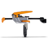 BORA Tool Dog Hole Auto Adjust Inline Toggle Clamp in action on workbench