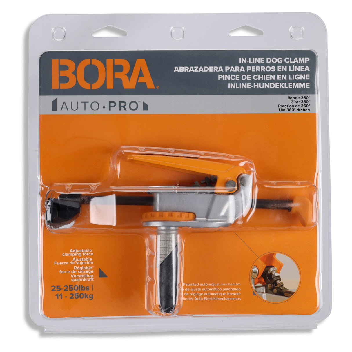 BORA Tool Dog Hole Auto Adjust Inline Toggle Clamp in use on workbench