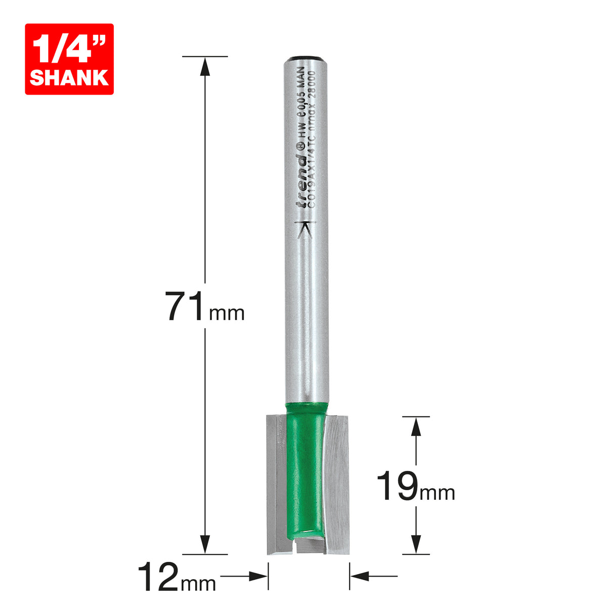 Trend Craft Pro Straight Router Bit 2-Flute 12mm Diameter 1/4in Shank